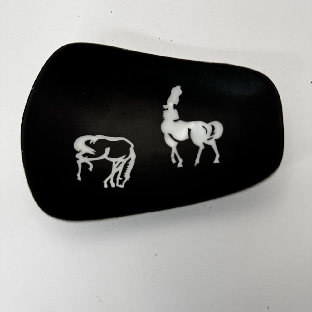Otagiri Vintage Black Matte Horses Trinket‎ Tray 5 Inch